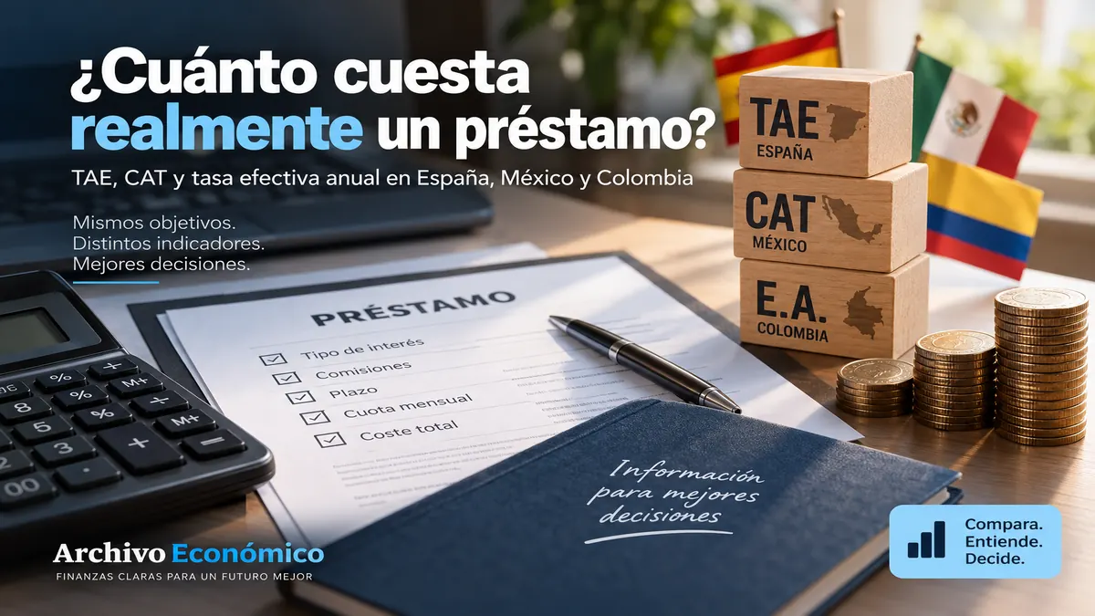 Infografía de Archivo Económico sobre el coste real de un préstamo: TAE en España, CAT en México y tasa efectiva anual en Colombia.