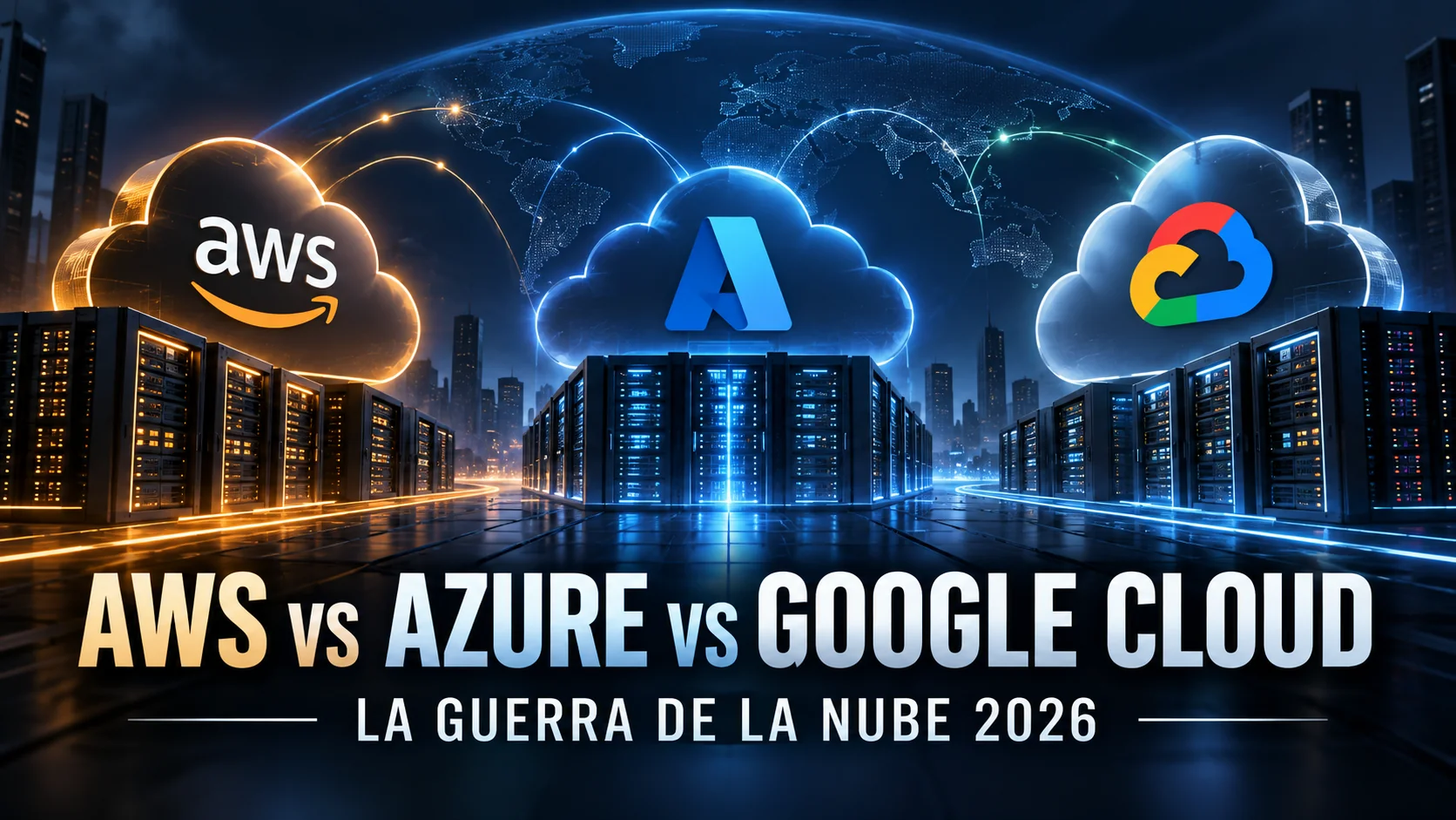 Ilustración de servidores y nubes con los logotipos de AWS, Microsoft Azure y Google Cloud.