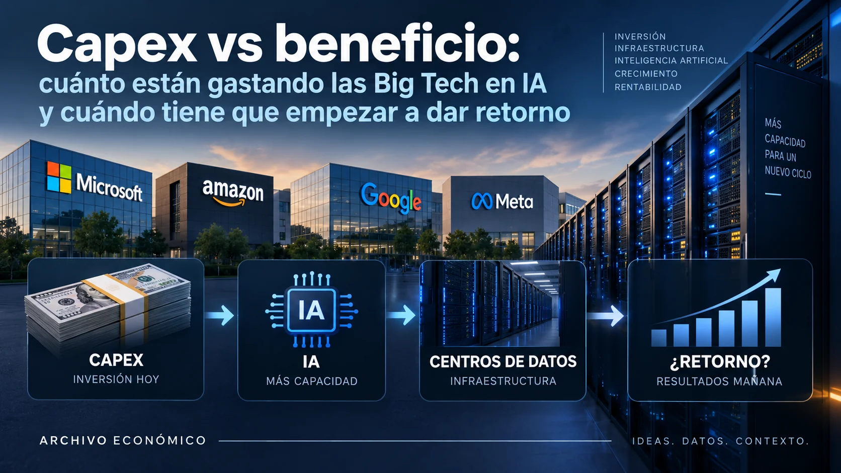 Ilustración de Microsoft, Amazon, Google y Meta junto a servidores y un esquema de inversión en IA, centros de datos y posible retorno.