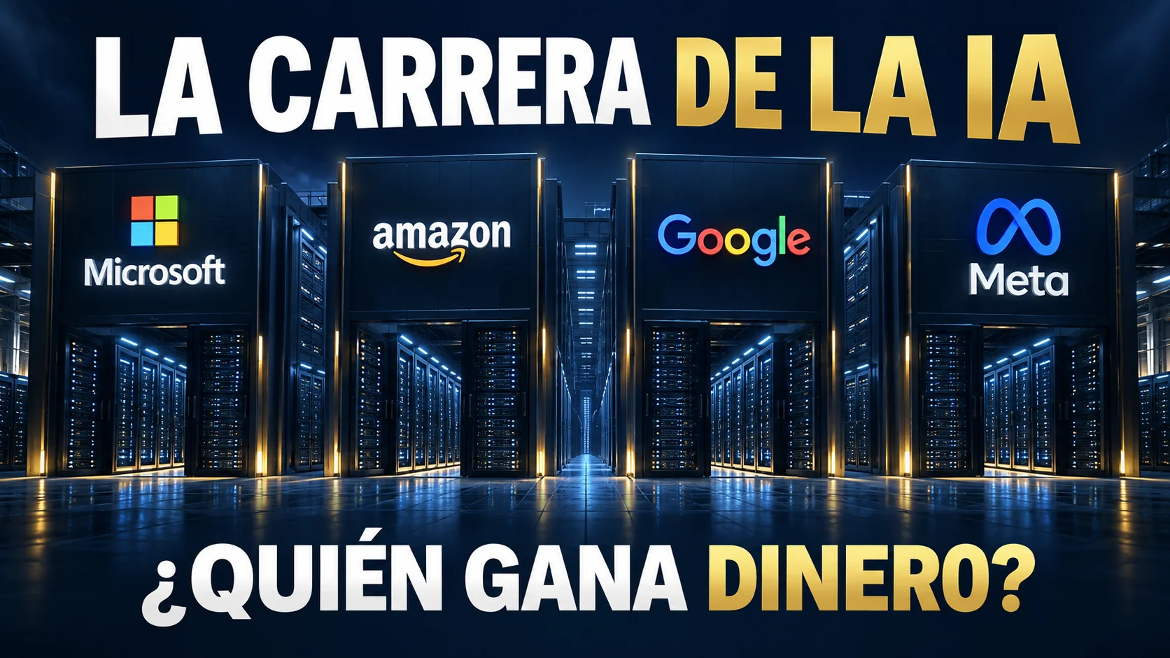 Ilustración de centros de datos con los logotipos de Microsoft, Amazon, Google y Meta, bajo el título «La carrera de la IA».