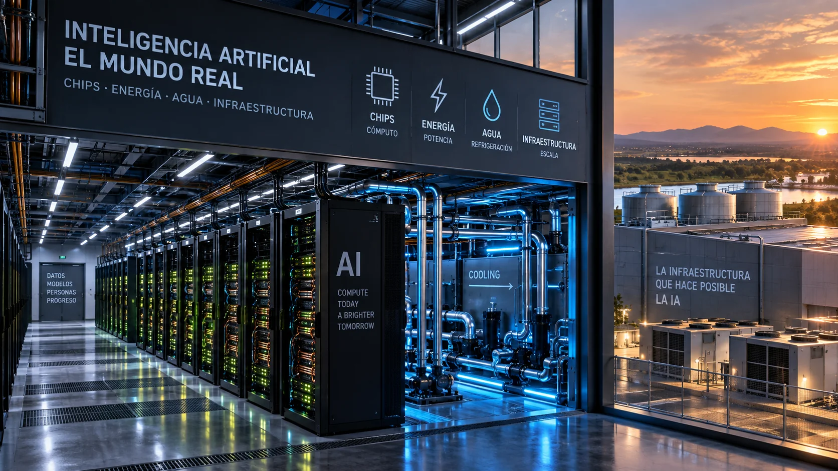 Ilustración del interior de un centro de datos de IA con filas de servidores, tuberías de refrigeración y equipos exteriores.