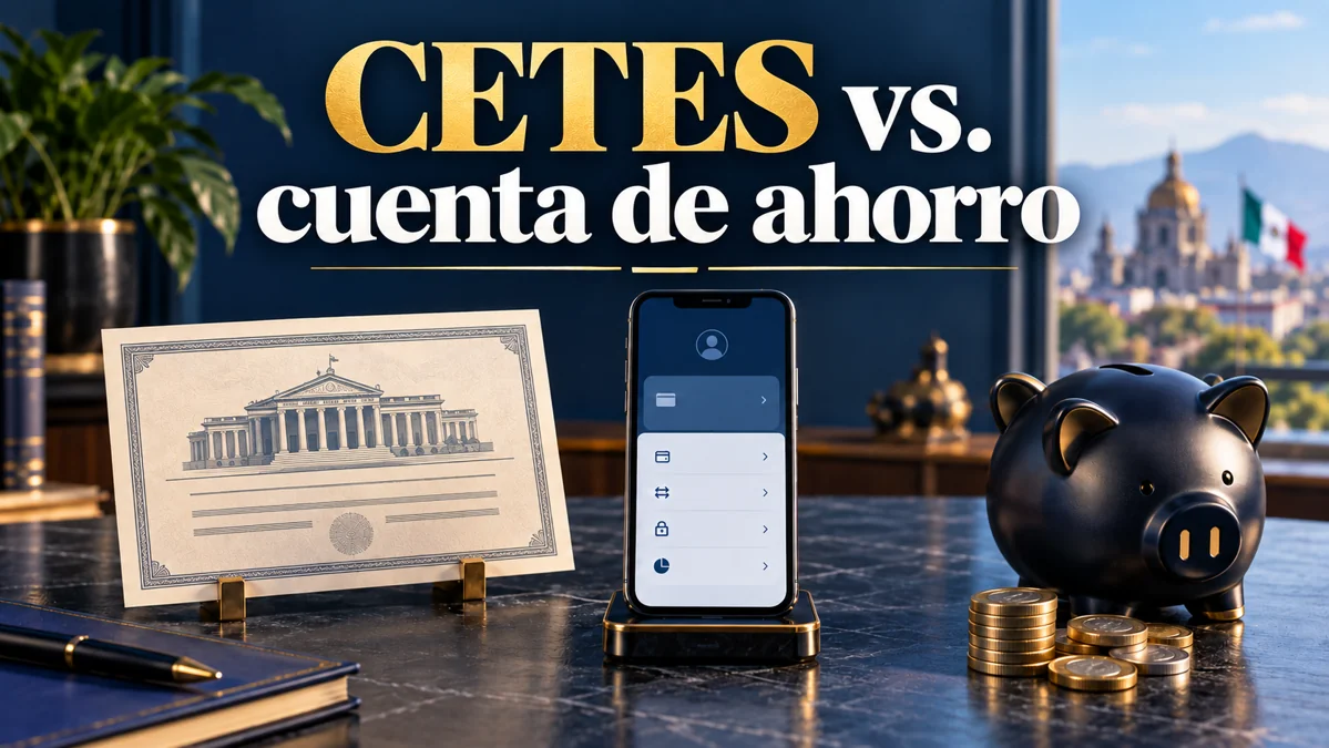 CETES vs. cuenta de ahorro: ilustración de un documento de inversión, una aplicación bancaria y una hucha con monedas.