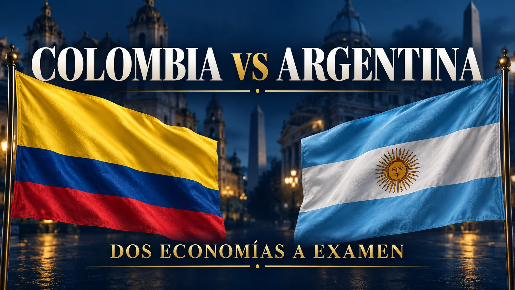 Banderas de Colombia y Argentina bajo el título «Colombia vs Argentina: dos economías a examen».