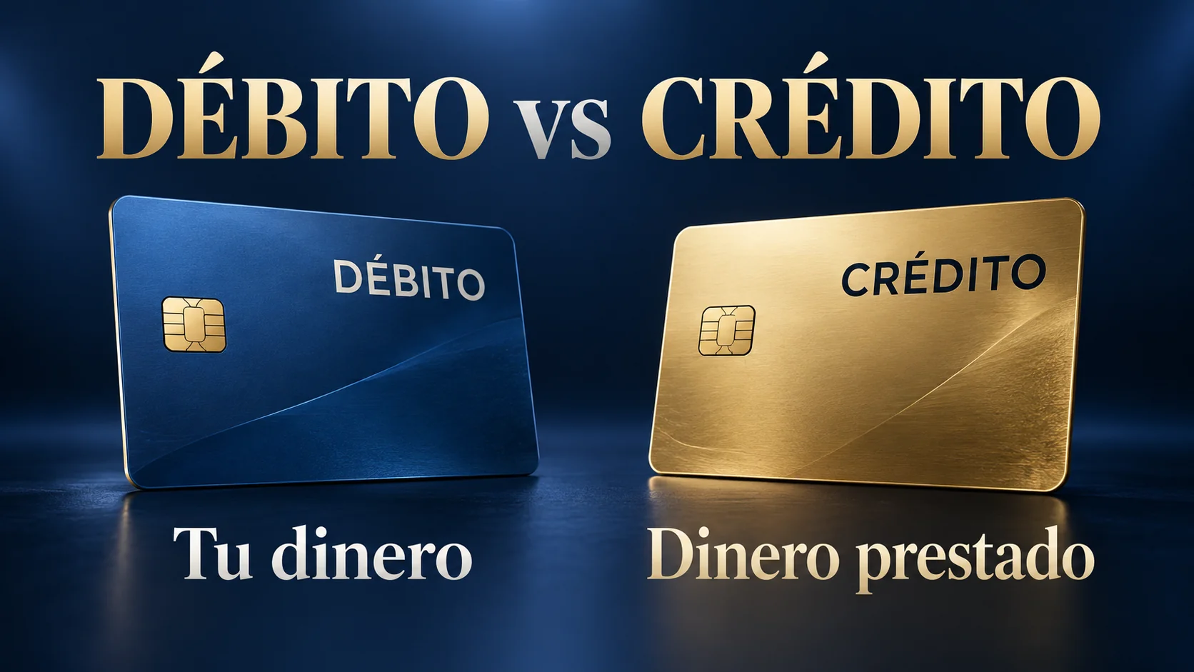 Dos tarjetas genéricas: débito con la etiqueta «Tu dinero» y crédito con la etiqueta «Dinero prestado».