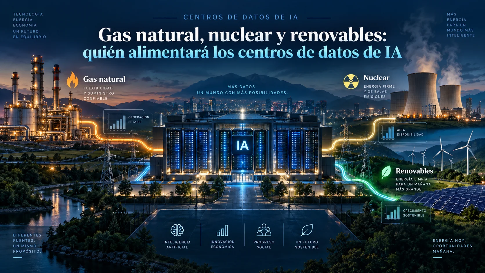 Ilustración de un centro de datos de IA conectado a instalaciones de gas natural, energía nuclear, paneles solares y aerogeneradores.