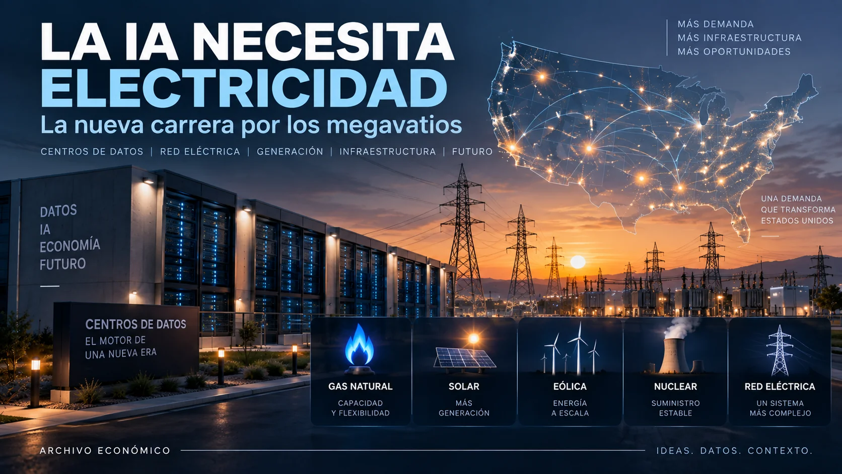 Ilustración de centros de datos, líneas eléctricas y un mapa de Estados Unidos bajo el título «La IA necesita electricidad».