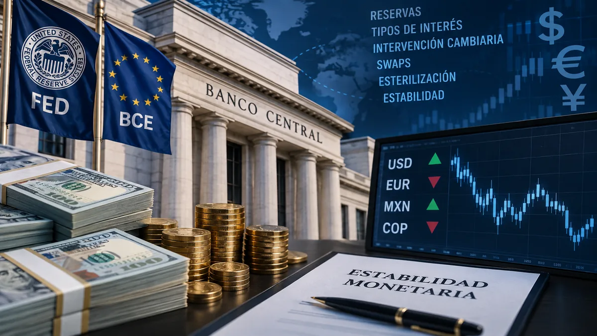 Infografía de Archivo Económico sobre cómo interviene un banco central para defender su moneda mediante reservas, tipos de interés y herramientas cambiarias.