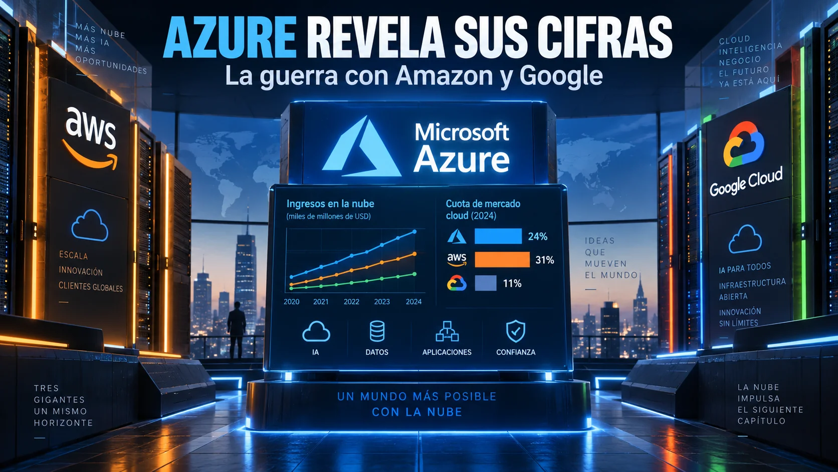 Ilustración de un centro de datos con los logotipos de Microsoft Azure, AWS y Google Cloud y el título «Azure revela sus cifras».