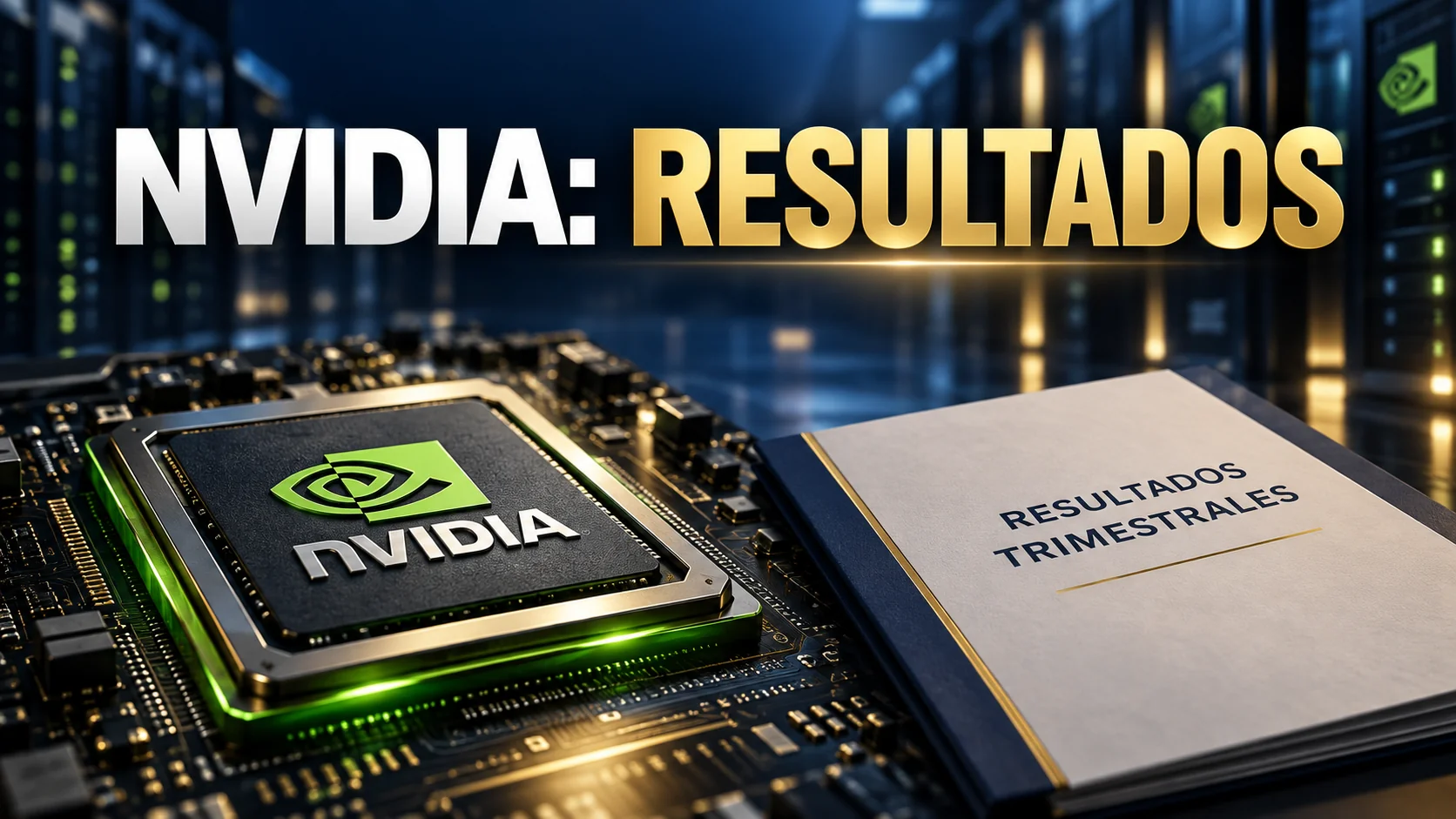 Ilustración de un chip de Nvidia junto a un informe de resultados trimestrales, con servidores al fondo.