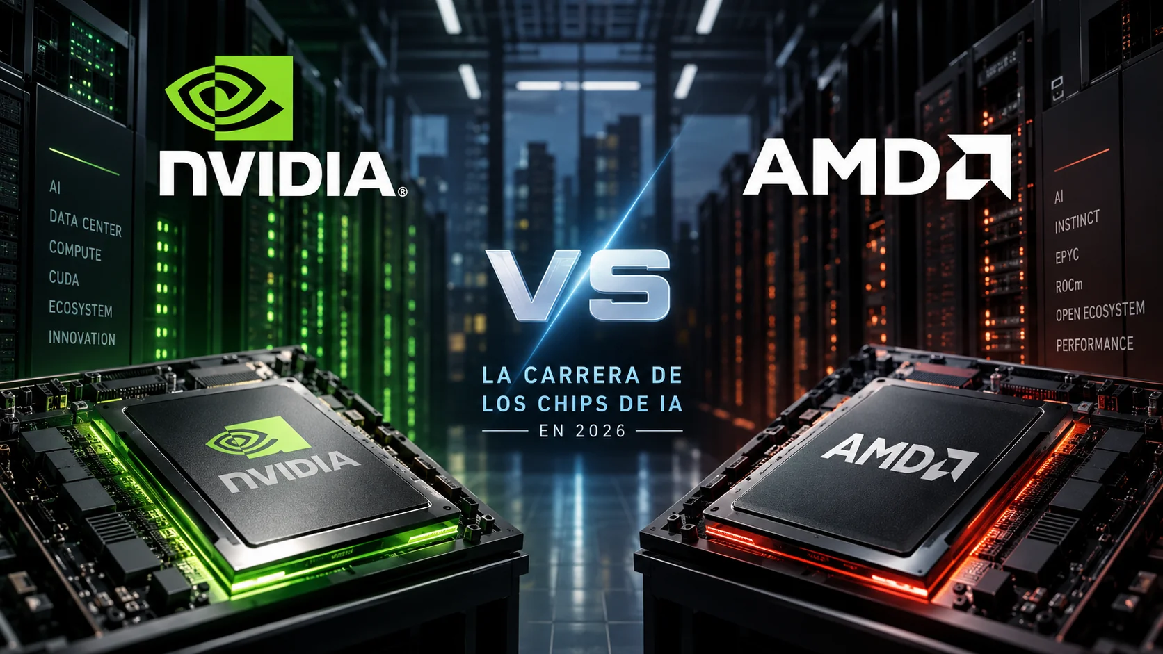 Ilustración de chips y servidores de Nvidia y AMD, con el texto «La carrera de los chips de IA en 2026».