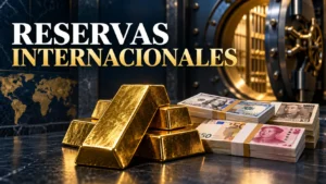 Lingotes de oro y billetes de distintas divisas ante una bóveda, bajo el título «Reservas internacionales».