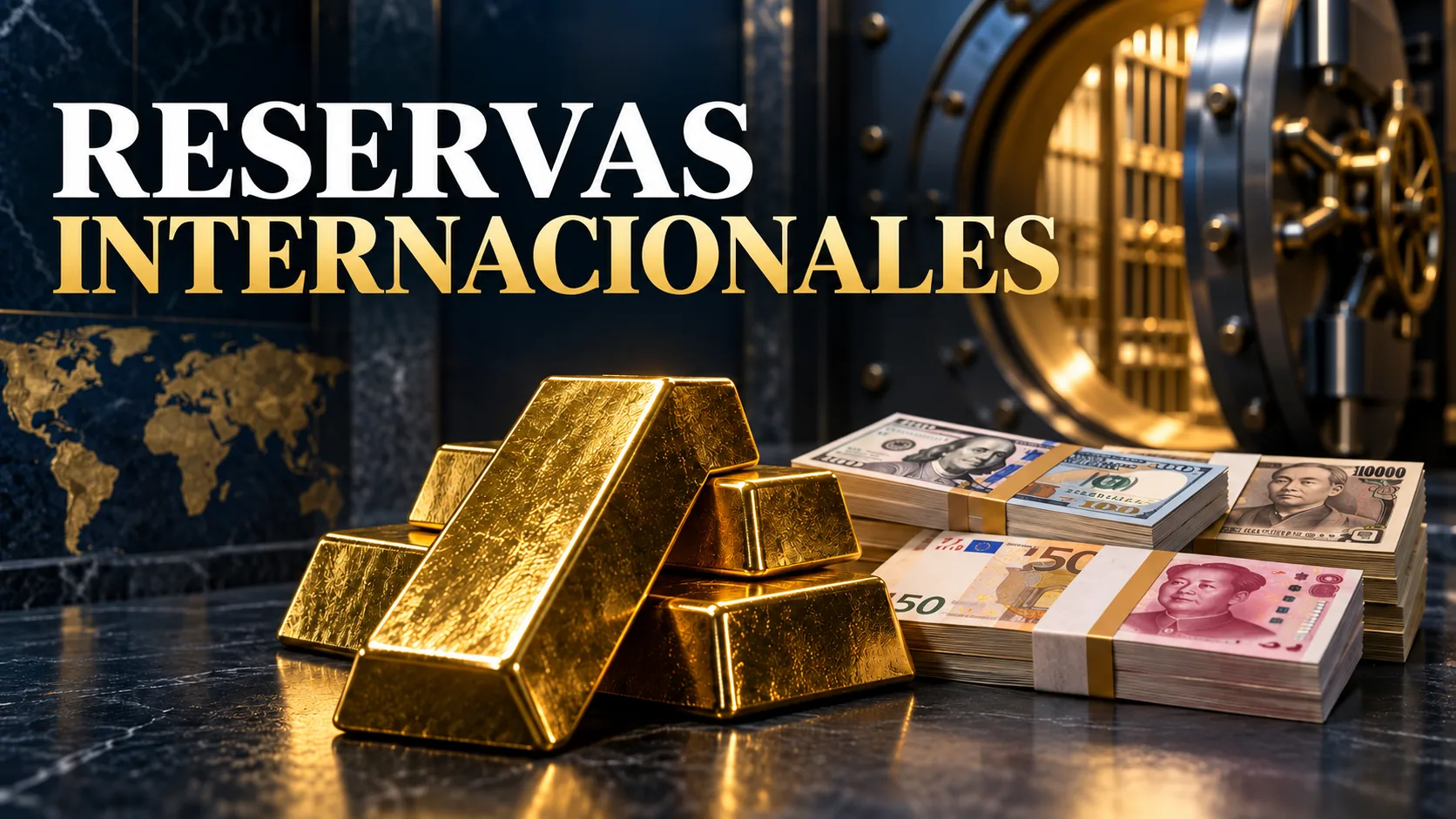 Lingotes de oro y billetes de distintas divisas ante una bóveda, bajo el título «Reservas internacionales».