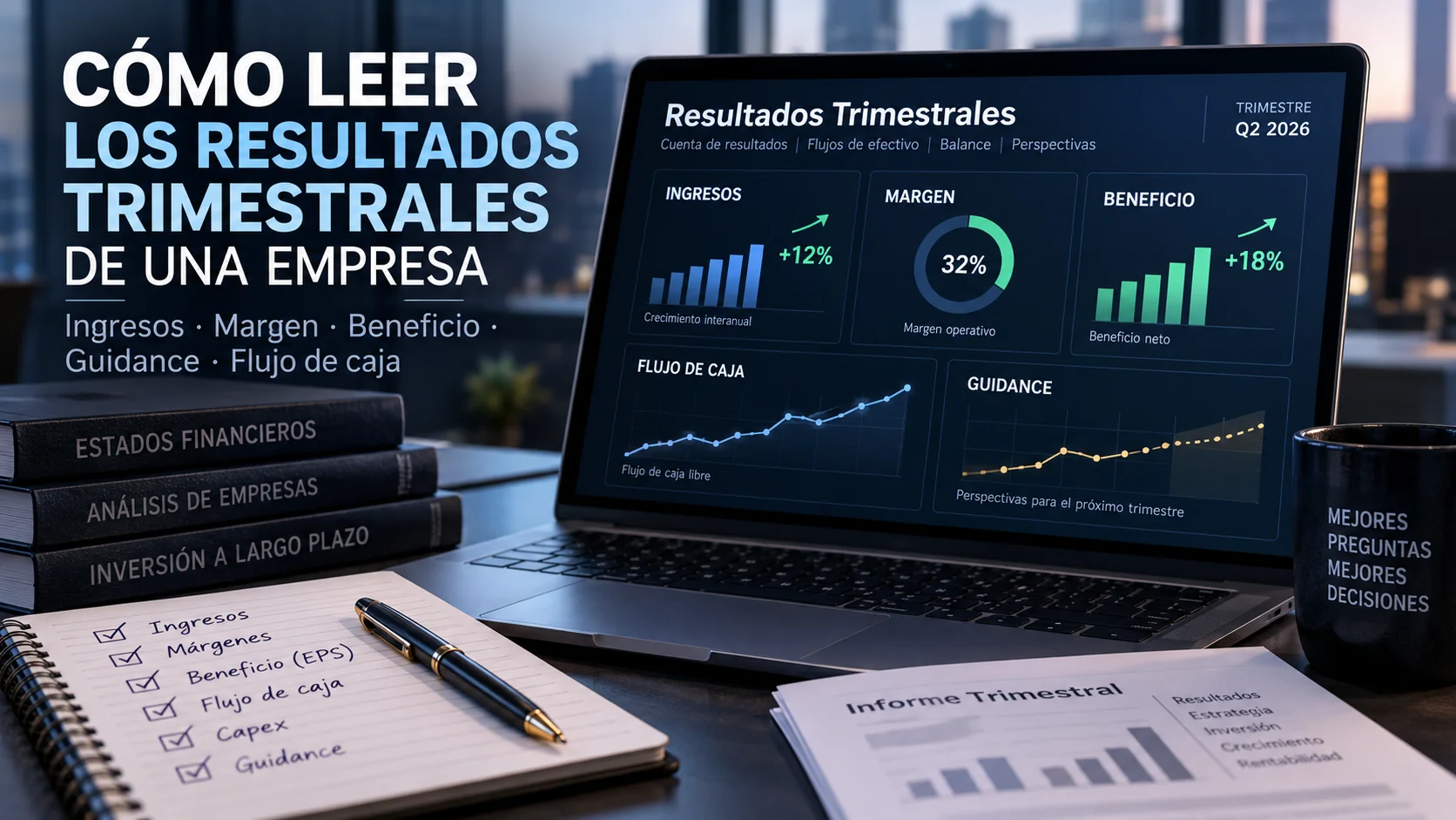 Ilustración de un portátil con gráficos de resultados trimestrales, junto a documentos financieros y un cuaderno de análisis.