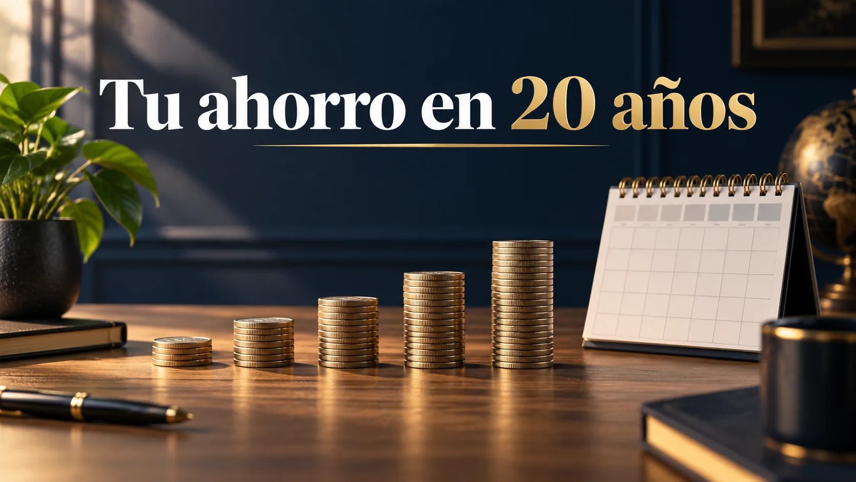 Pilas de monedas de altura creciente junto a un calendario, con el texto «Tu ahorro en 20 años».